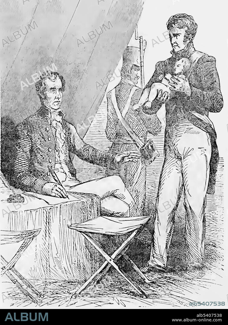 Andrew Jackson (1767-1845) had three adopted sons: Theodore, an Indian about whom little is known, Andrew Jackson Jr., his former nephew, and Lyncoya, a Creek Indian orphan adopted by Jackson after the Battle of Tallushatchee. Lyncoya died of tuberculosis on July 1, 1828, at the age of sixteen. He is shown here as an orphaned baby rescued by soldiers. The Battle of Tallasseehatchee was a battle fought during the War of 1812 and the Creek War on November 3, 1813, in Alabama between Native American Red Stick Creeks and United States dragoons.