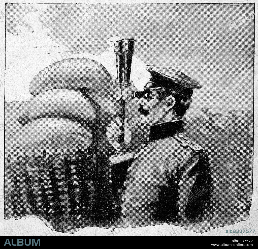 Anwendung eines Relieffernrohr oder Scherenfernrohr, Art eines Telestereoskops, eines binokularen Fernrohr, im milit§rischen Bereich / Application of a relief telescope or scissors telescope, type of telescope, a binocular telescope, in the military field, Historisch, historical, digital improved reproduction of an original from the 19th century / digital restaurierte Reproduktion einer Originalvorlage aus dem 19. Jahrhundert, genaues Originaldatum nicht bekannt.