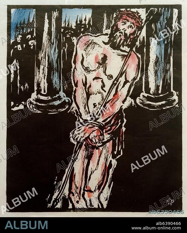 Delavilla, Franz Karl; 1884-1967. "Der Gegeißelte", 1914. Aquarellierter Holzschnitt. Sammlung Gerhard Schneider.