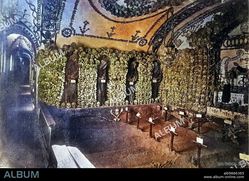 Church of Santa Maria Immacolata a Via Veneto or Nostra Signora della Concezione dei Cappuccini, Crypt of the Church, Capuchin Crypt, Ossuary, 1880, Rome, Italy, Historic, digitally restored reproduction of a photograph by Giorgio Sommer, colourised