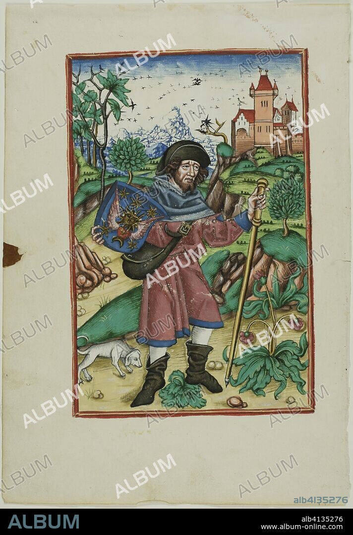 JOHANN PRÜSS. Johannes Gerson as a Pilgrim, frontispiece from Opera Johannes Gerson. Unknown artist (German); printed by Johann Prüss the Elder (German, 1447-1510). Date: 1488. Dimensions: 222 x 148 mm (image/block); 306 x 214 mm (sheet). Hand-colored woodcut in black on cream laid paper. Origin: Germany.