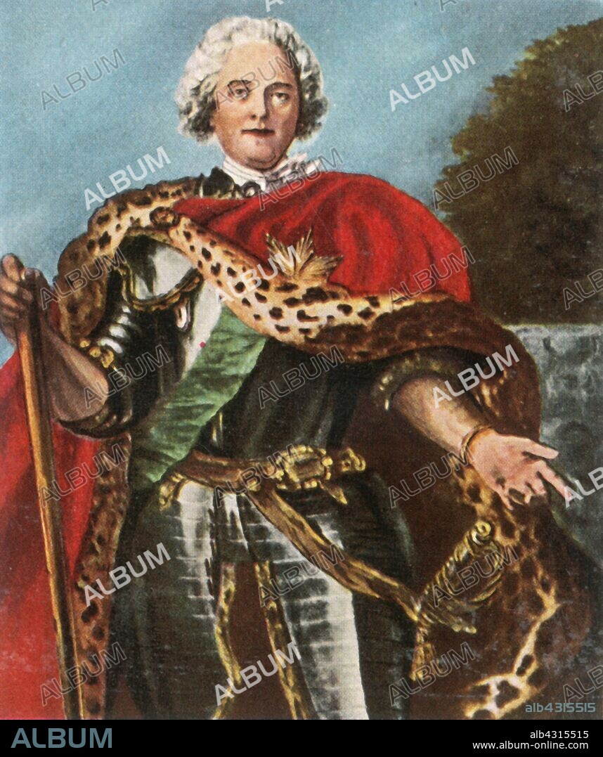 Maurice de Saxe, (1936). 'Graf Moritz Von Sachsen, 1696-1750'. Portrait of Maurice, Count of Saxony (1696-1750), German soldier and officer of the Army of the Holy Roman Empire and the Imperial Army. He is best known for his decisive victory at the Battle of Fontenoy and is honoured in the Walhalla memorial. From "Bilder Deutscher Geschichte", (Pictures of German History), No.12, cigarette card album. [Cigaretten-Bilderdienst, Altona-Bahrenfeld, Hamburg, Germany, 1936].