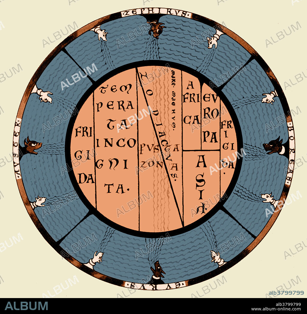 T and O (orbis terrarum) map of the Medieval world by Macrobius Ambrosius, showing the climatic zones and the Mare Magnum, the Great Ocean which was thought to separate the inhabited world from an unknown continent in the south.