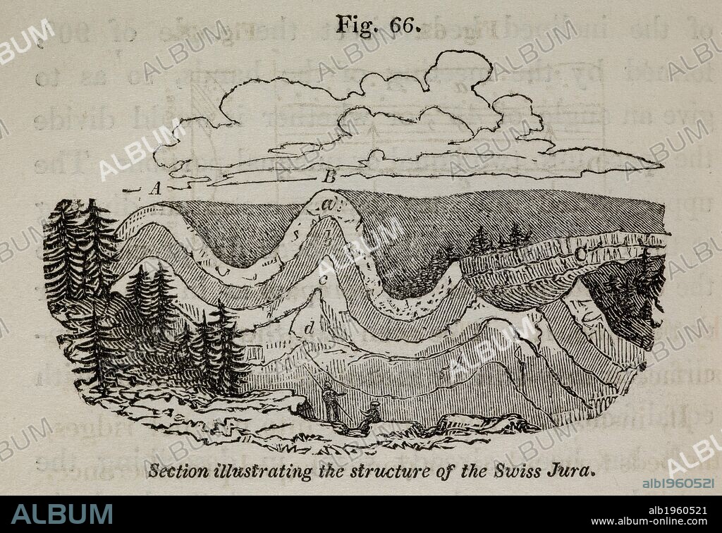 Illustrated cross-section of Swiss mountain range from the book 'Elements of Geology'. Elements of Geology. London England. Sir Charles Lyell, 1797-1875. Elements of Geology. London : J. Murray, 1838. Source: 725.b.41 110 fig.66. Language: English.