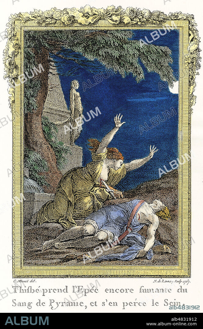 Thisbe prend l'Epee encore fumante du Sang de Pyrame, et s'en perce le sein. Illustration d'apres C. MONET de 1867. Mise en couleur par nos soins. Credit : Collection Jonas/Kharbine-Tapabor.