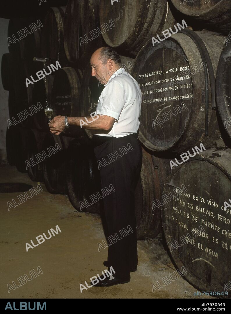 ESCANCIADOR - BARRILES DE VINO APILADOS CON REFRANES ESCRITOS.