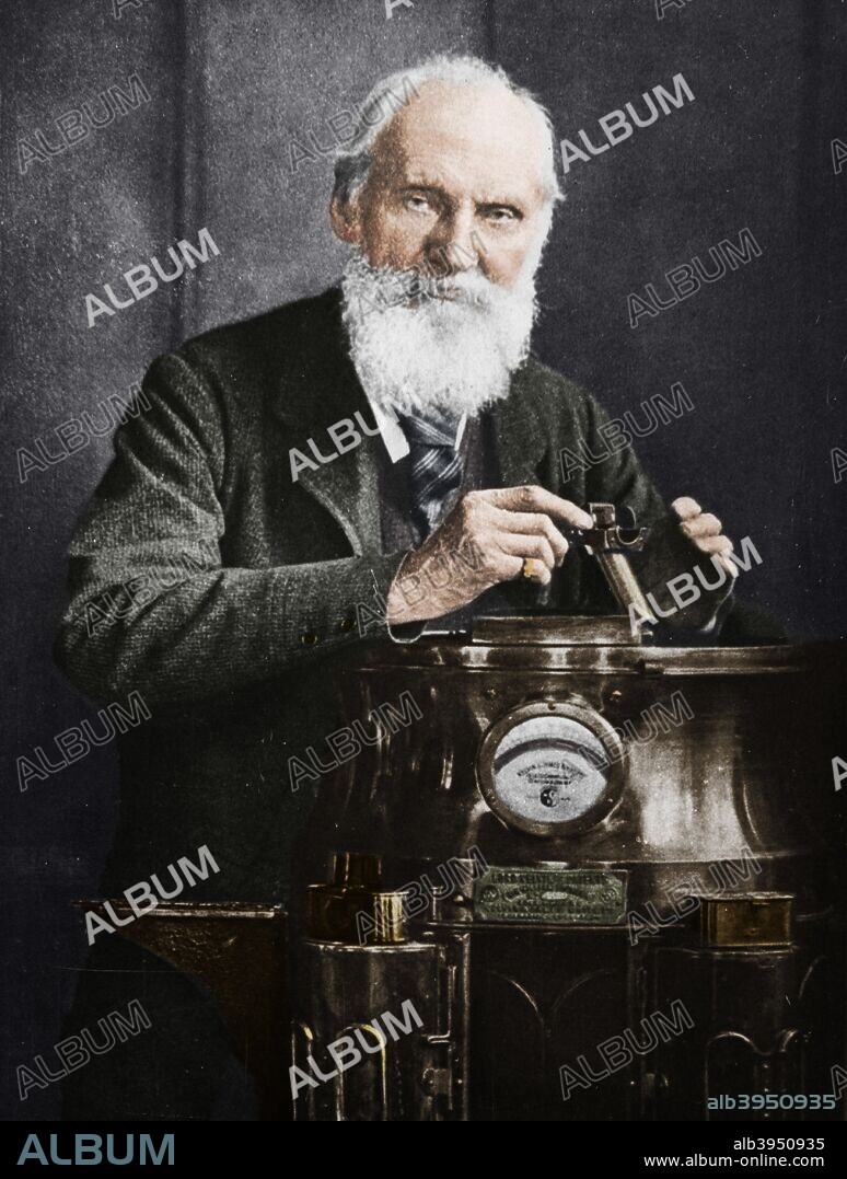 Lord Kelvin, Scottish mathematician and physicist, with his compass, 1902. Born William Thomson, Lord Kelvin (1824-1907) was educated at Glasgow and Cambridge. He was Professor of Natural Philosophy (Physics) at the University of Glasgow for 53 years. Kelvin was a pioneer of thermodynamics and electromagnetic theory and devised the temperature scale that bears his name. He also directed work on the first transatlantic cable telegraph, which gave him considerable wealth. He was probably the first scientist to become wealthy through his work. He turned to improving his compass comparitively late in life. It had a very light card giving a long period of oscillation. The compass was mounted in a binnacle fitted with magnets and spheres and was much more accurate than previous compasses. (Colorised black and white print).