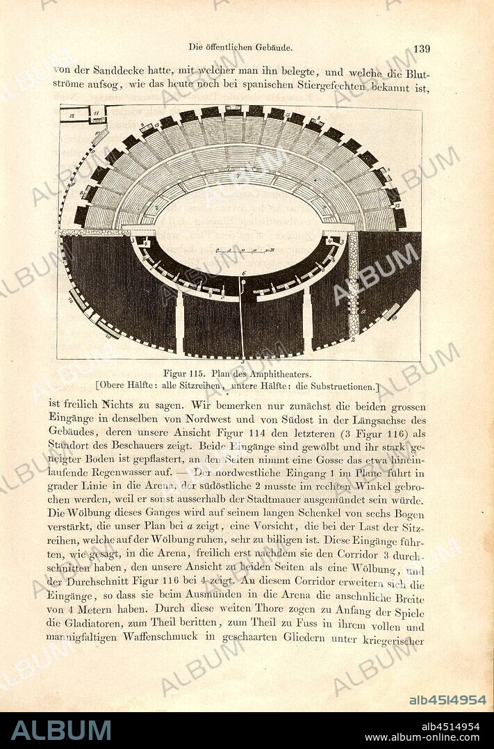 Plan des Amphitheaters, Plan Amphitheater in Pompeii, Fig. 115, p. 139, 1856, Johannes Overbeck: Pompeji in seinen Gebäuden, Alterthümern und Kunstwerken [...]. Leipzig: Verlag von Wilhelm Engelmann, 1856.