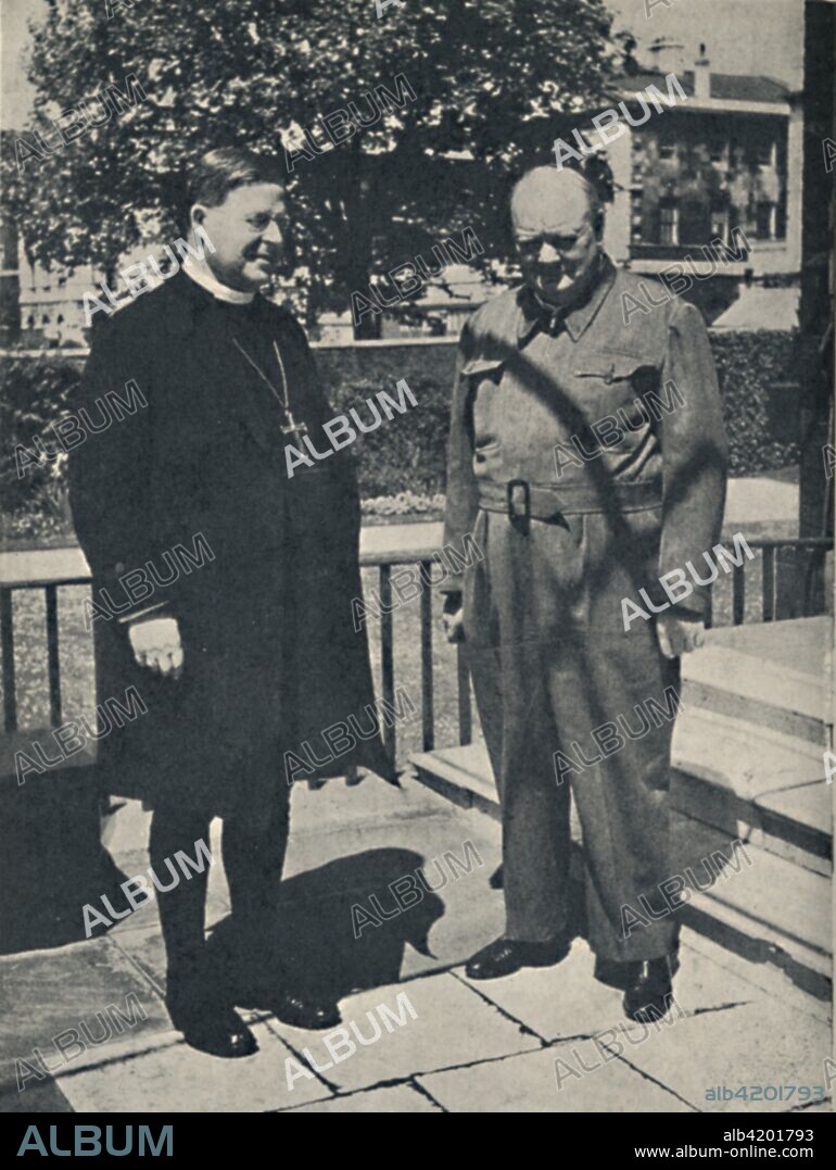 'Archbishop of Canterbury at Number 10, Downing Street', c1943, (1945). British Prime Minister Winston Churchill with Dr William Temple (1881-1944) on the terrace behind at Downing Street in London. Churchill often wore battledress during the Second World War. Churchill (1874-1965) was Prime Minister of the United Kingdom from 1940 to 1945, and again from 1951 to 1955. From "The Life and Times of Winston Churchill", by Malcolm Thomson. [Odhams Press Limited, London].