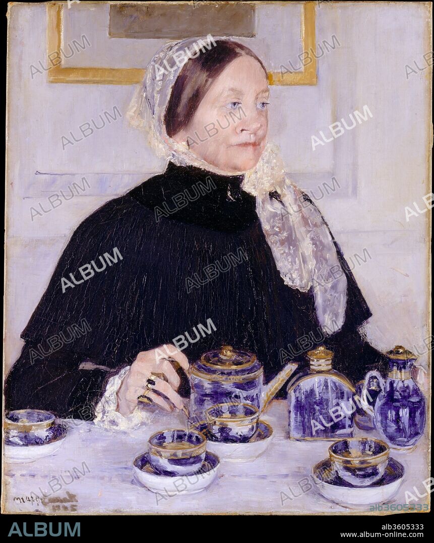 Lady at the Tea Table. Artist: Mary Cassatt (American, Pittsburgh, Pennsylvania 1844-1926 Le Mesnil-Théribus, Oise). Dimensions: 29 x 24 in. (73.7 x 61 cm). Date: 1883-85.
This work shows Mary Dickinson Riddle, Cassatt's mother's first cousin, presiding at tea, a daily ritual among upper-middle-class women on both sides of the Atlantic. Mrs. Riddle's hand rests on the handle of a teapot, part of a gilded blue-and-white Canton porcelain service that her daughter had presented to the artist's family. Painted in response to the gift, the portrait demonstrates Cassatt's mastery of Impressionism in its sketchlike finish, the casual handling of anatomy, and the sitter's indifference to the viewer. As Mrs. Riddle's daughter disliked the portrait, Cassatt kept it until Louisine Havemeyer persuaded her to give it to The Metropolitan Museum of Art.