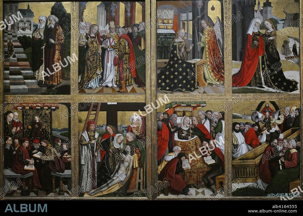 Absolon Stumme (activo en Hamburgo 1486-1499). Escenas de la vida de la Virgen y la infancia de Jesús. Detalle. Alas de un retablo de la Catedral de Hamburgo, 1499. Gótico tardío. Museo Nacional de Varsovia. Polonia.