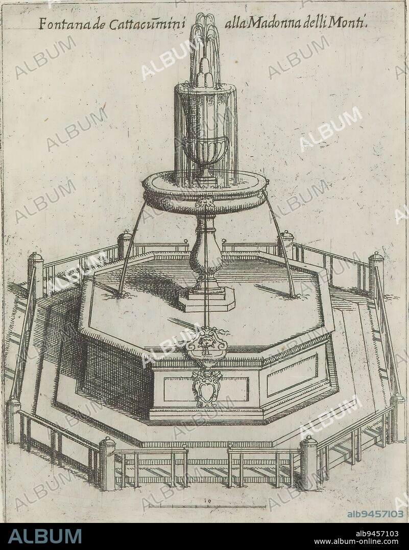 Fontana di Piazza della Madonna dei Monti at Rome, Fontana Cattacumini alla Madonna delli Monti (title on object), Fountains at Rome (series title), Raccolta delle principali fontane dell'inclitta città di Roma (series title), Print is part of an album., print maker: Domenico Parasacchi, after drawing by: Domenico Parasacchi, publisher: Giovanni Battista de'Rossi, print maker: Italy, after drawing by: Italy, publisher: Rome, Vaticaanstad, Rome, Italy, 1637, paper, etching, height 195 mm × width 150 mm.