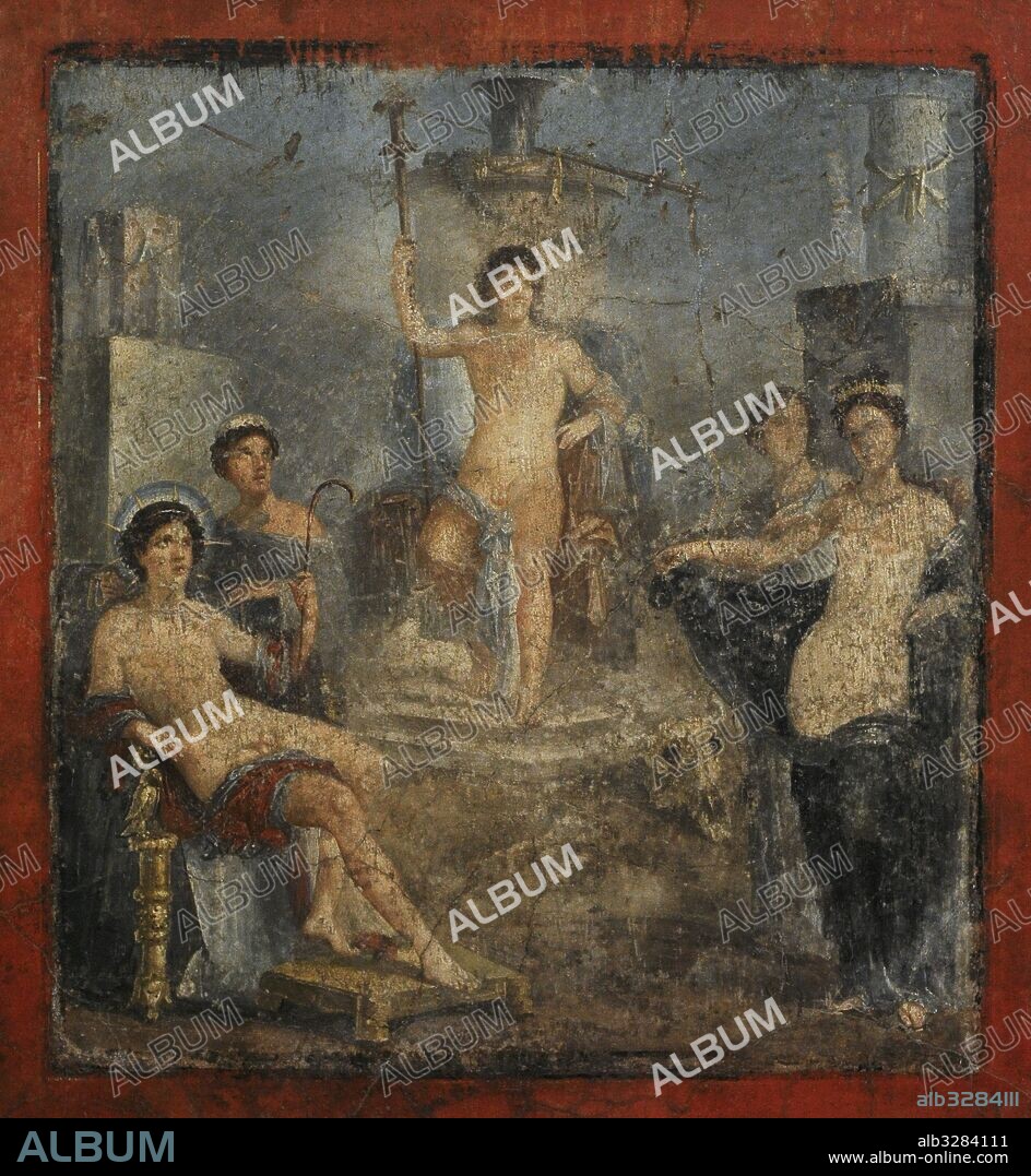 Concurso entre Venus y Héspero. Apolo sentado hacedo de juez. Siglo I d. C. Casa de Gavius Rufus. Pompeya (VII2, 16). Museo Arqueológico Nacional. Nápoles. Italia.