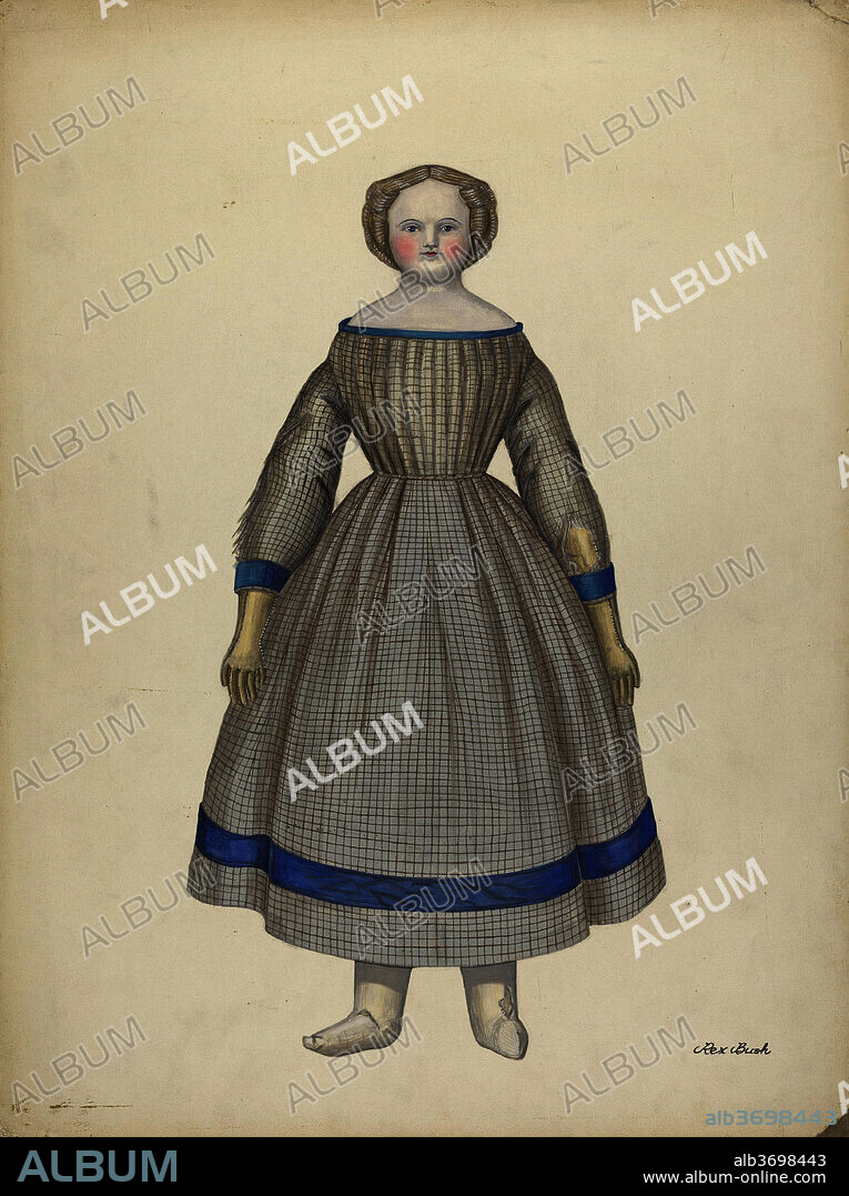 REX F. BUSH. Doll - "Emily". Dated: c. 1938. Dimensions: overall: 50.8 x 38.1 cm (20 x 15 in.)  Original IAD Object: 23" high; 5 1/4" wide. Medium: watercolor, gouache, and graphite on paper.