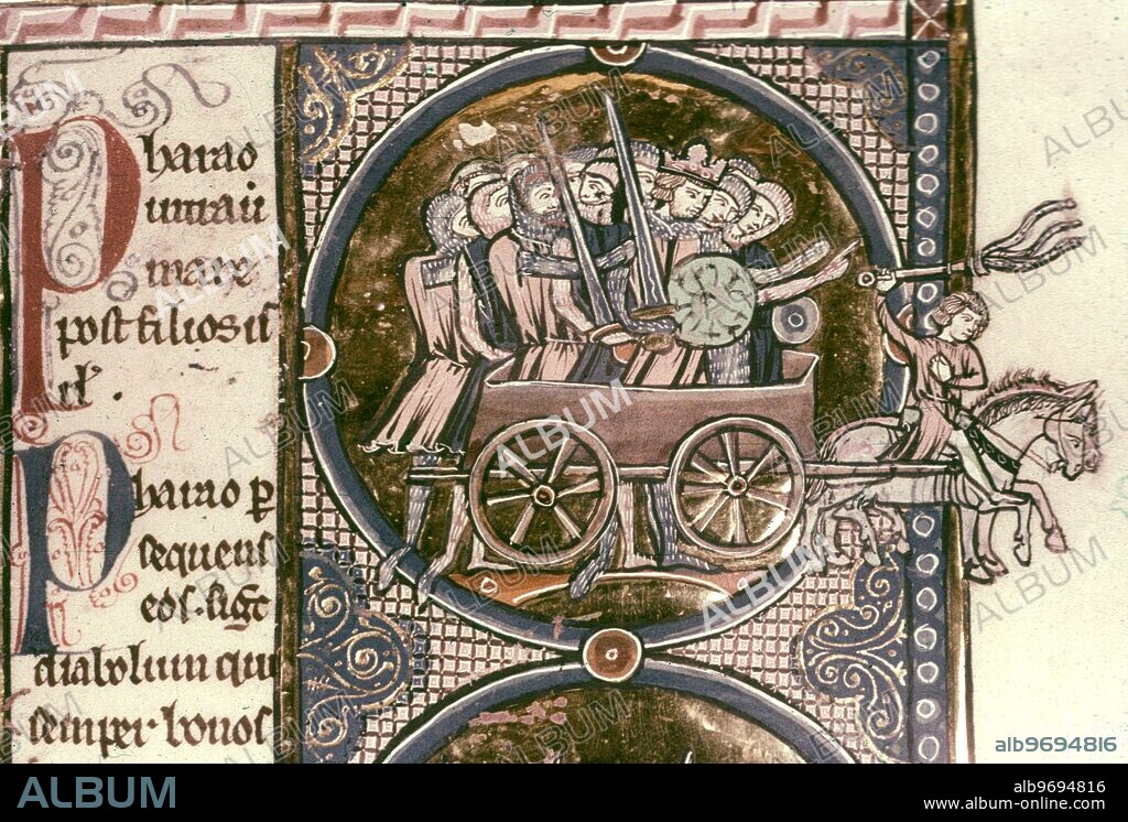 Illuminated Manuscript : 13th Century Bible Moralisee French Exodus XIV 23 - Pharaoh's chariots and horsemen follow them into the sea. c 1250.