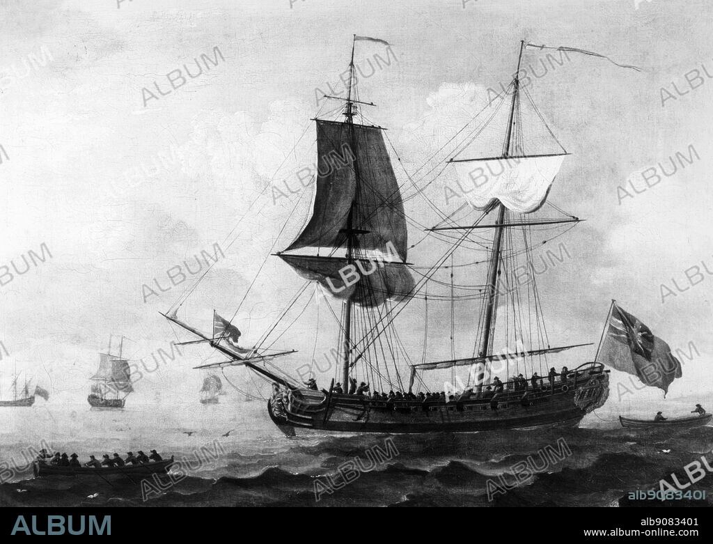 Oil Painting of an English Brigantine by John Cleveley c 1750.