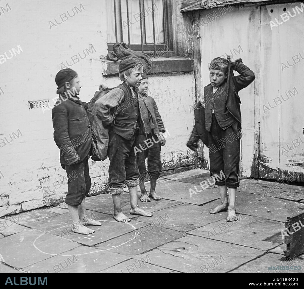 Magic lantern slide circa 1900.Victorian.Social History. Street children in Victorian times were found in abundance living in alleys or side streets. Many were orphans but a large part of the street children were from neglectful, alcoholic families where abuse was the norm. Faced with the choice of living in these conditions or living on the street some children chose the street. Many of these children fell prey to prostitution and thieving to support themselves. Others became street sellers or actually worked public jobs like other children.