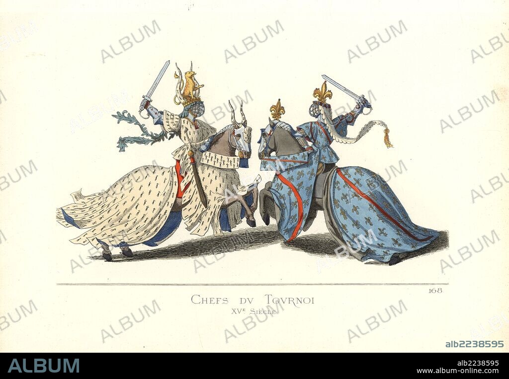 Joust with swords between two knights at a tournament, 15th century. The knight at left has a coat of arms and caparison of ermine, and wears a helmet with crown, horns, and leopard. The other has a blue coat of arms and caparison, and a helmet with a fleur de lys. From an illustration by Barthelemy d'Eyck in Rene of Anjou's "Tournament Book," 1488. Handcoloured illustration drawn and lithographed by Paul Mercuri with text by Camille Bonnard from "Historical Costumes from the 12th to 15th Centuries," Levy Fils, Paris, 1861.