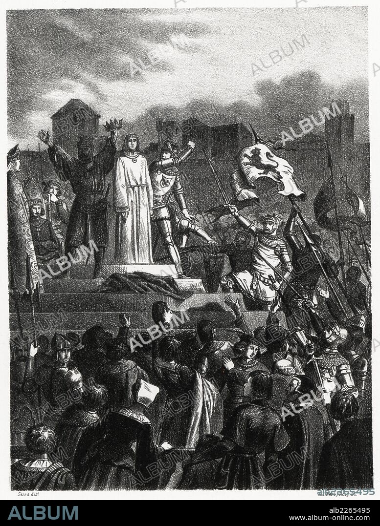 Historia de España. Farsa de Ávila. Destronamiento en efigie del rey Enrique IV de Castilla (1425-1474), el Impotente, por los confederados de Ávila en 1465, y proclamación de su medio hermano, el infante Alfonso. Grabado de 1872.
