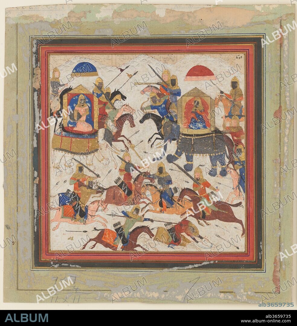"Gav and Talhand in Battle", Folio from a Shahnama (Book of Kings). Author: Abu'l Qasim Firdausi (935-1020). Dimensions: 8 in. high 8.25 in. wide (20.3 cm high 20.9 cm wide). Date: ca. 1430-40.
In this scene, the Indian princes Gav and Talhand battle over the kingdom of Hind. According to the Shahnama, the game of chess was invented to represent this battle, in which the brothers agreed to fight on a battlefield bordered by a deep trench from which neither could flee. The board represents the confined space of the field; the king dies when his way is blocked and all of his men have been defeated.