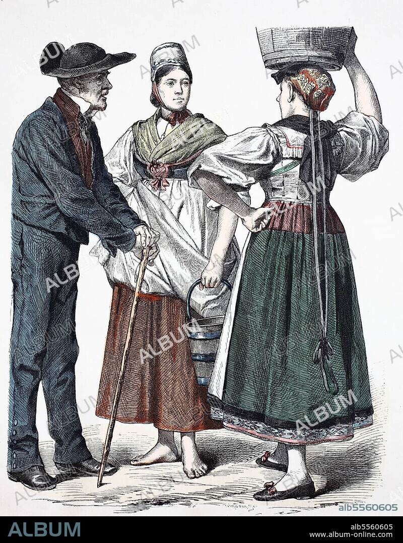 Folk traditional costume, clothing, history of costumes, man from Aschbach, woman from Weißenburg and Kochersberg, traditional costumes from Alsace, France, 1885, digitally restored reproduction of a 19th century original, exact date unknown, Europe.