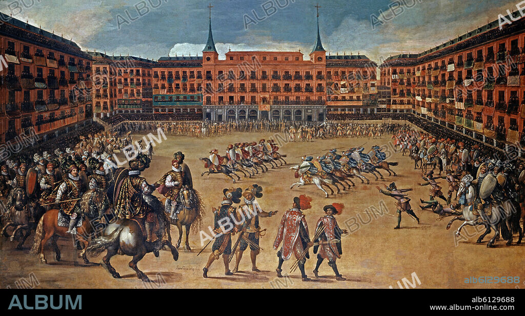 JUAN DE LA CORTE (1585-1662). FIESTA EN LA PLAZA MAYOR POR LA BODA DEL PRINCIPE DE GALES Y MARIA DE AUSTRIA MATRIMONIO QUE NO LLEGO A REALIZARSE - O/L - 158x285 - JUEGO DE CAÑAS.