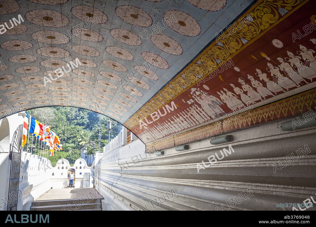 Wall and ceiling murals inside the Temple of the Sacred Tooth Relic, Kandy, Sri Lanka.