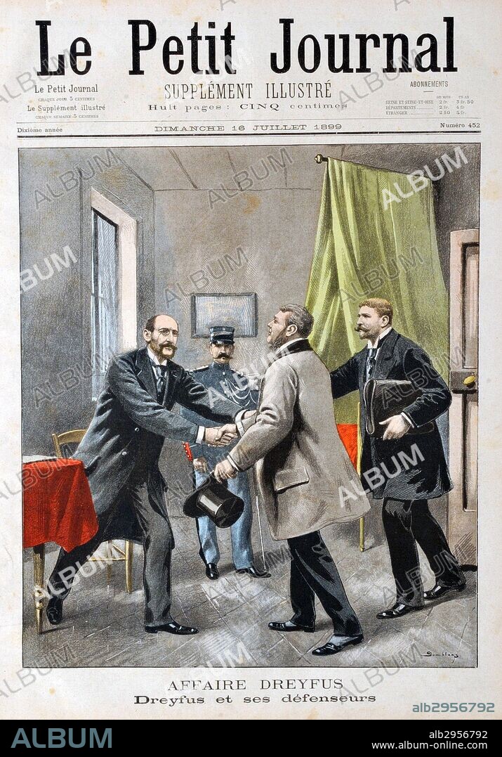 Front Page of 'Le Petit Journal' depicting Alfred Dreyfus and his defenders. The Dreyffus Affair was a political scandal which divided France for many years during the late 19th Century. Dated 1899.