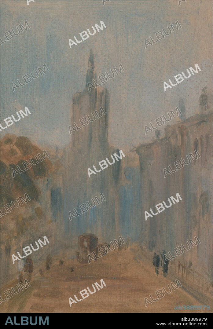 UNKNOWN ARTIST. Street with Church and Figures. Date/Period: 1822 to 1825. Painting. Oil on paper. Height: 197 mm (7.75 in); Width: 146 mm (5.74 in).