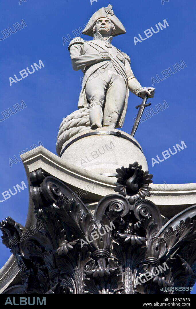 Nelson's Column, monument to Admiral Lord Nelson in Trafalgar Square, London, United Kingdom.