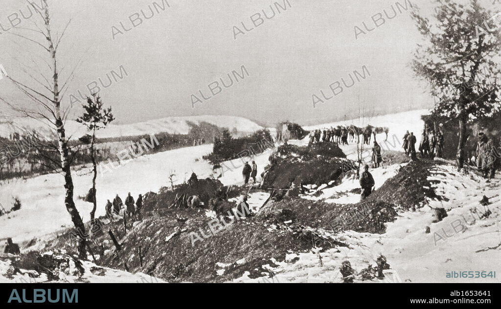 A crack cavalry regiment, The Kaiser Chasseurs, entrenching itself amidst the snow during Austria's battle for the Carpathian Passes during the First World War. From The Illustrated War News published 1915.