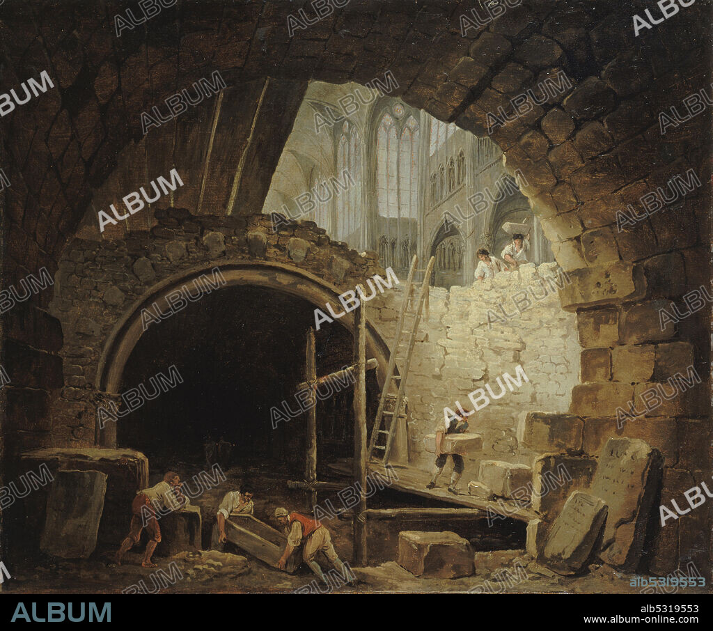 HUBERT ROBERT. Looting of Royal Tombs in Saint-Denis Basilica, October 1793.