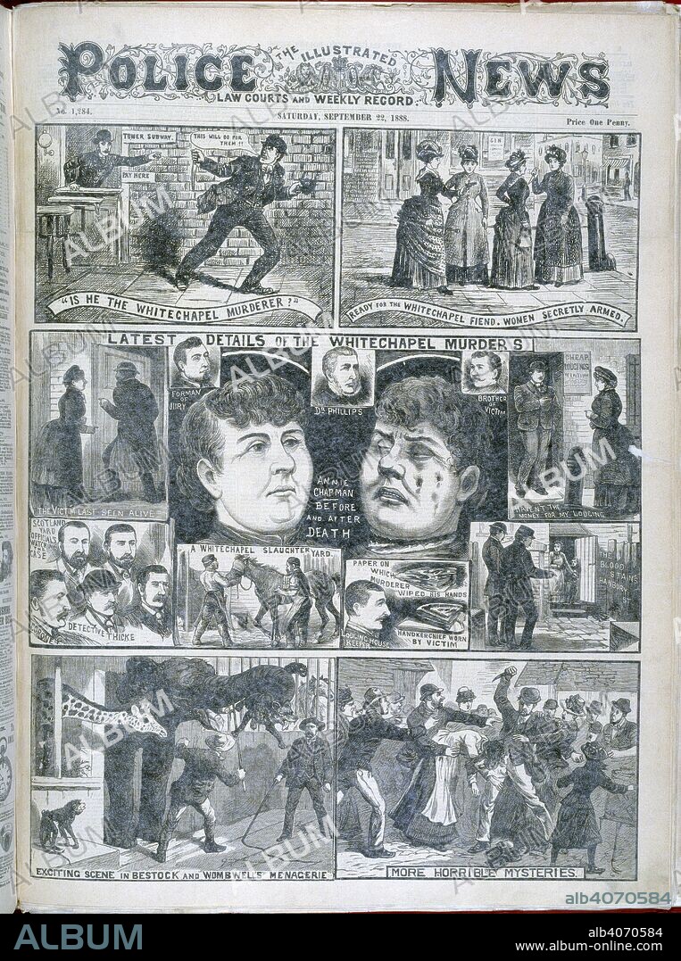 Whitechapel murders. The Illustrated Police News. Law courts and weekly. London, September 22, 1888. Latest details of the Whitechapel murders'. Illustrations relating to the Whitechapel or 'Jack the Ripper' murders.  Image taken from The Illustrated Police News. Law courts and weekly record.  Originally published/produced in London, September 22, 1888. . Source: Colindale, front page, number 1,284. Language: English.