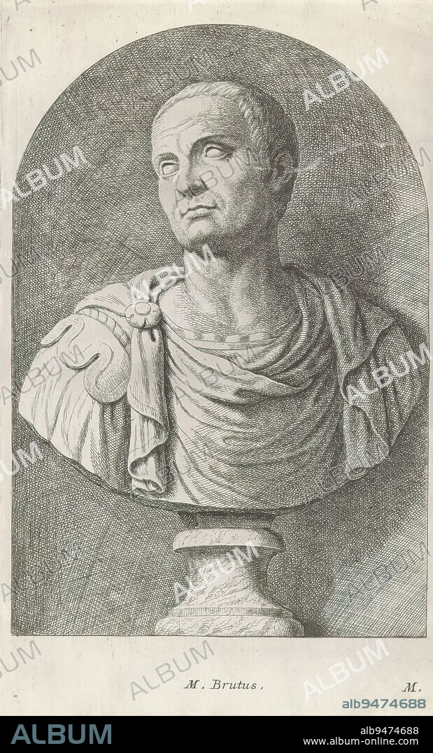 Bust of Marcus Junius Brutus, M. Brutus (title on object), Classical bust of a young man. Bottom right: M. The print is part of an album containing a series of prints after sculptures in the collection of Gerard Reynst., print maker: Hubert Quellinus, print maker: Gerard de Lairesse, (rejected attribution), Antwerp, 1646 - 1670, paper, engraving, height 320 mm × width 192 mm.