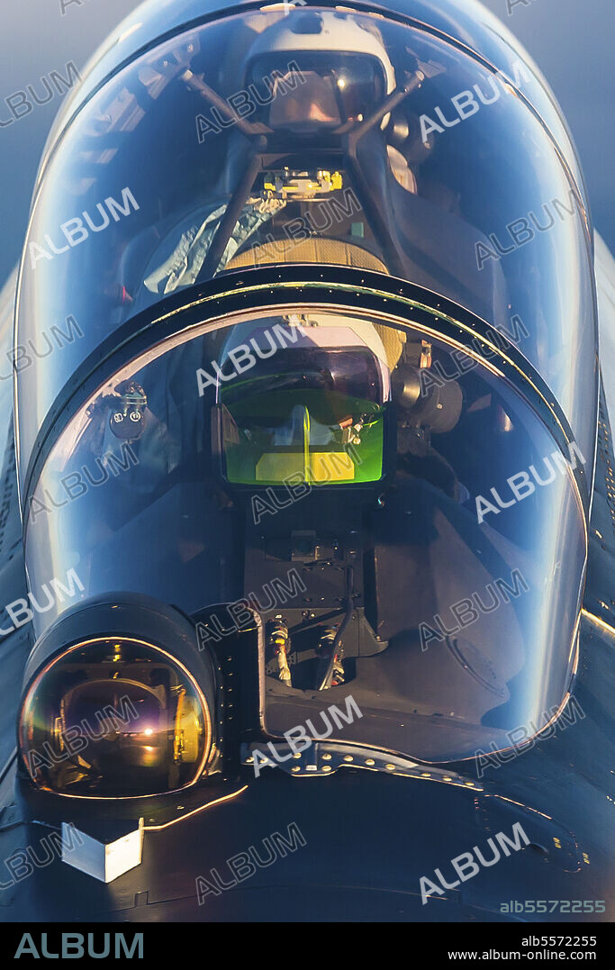 Pilots of Sukhoi Su-30SM jet fighter of the Russian Navy flying in mid-air, Kaliningrad Region, Russia.