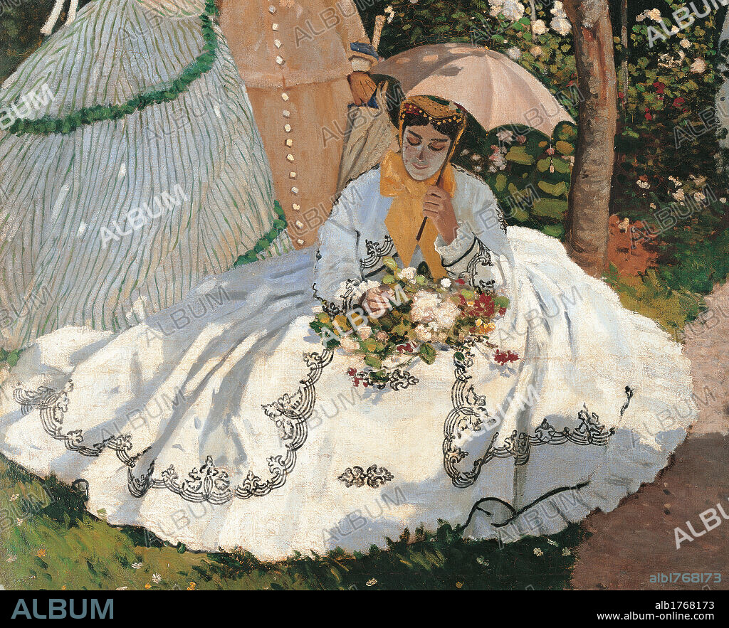 Women in the Garden, by Claude Monet, 1866-1867, 19th Century, oil on canvas, cm 255 x 205. France, Ile de France, Paris, Muse dOrsay, RF 2773. Detail. Women garden tree light blue azure white pink green grass path rose umbrella skirt dress.