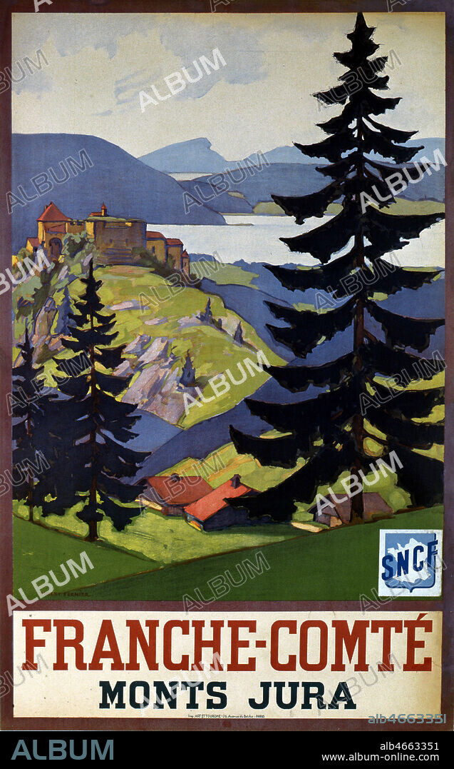 'Franche-Comte monts Jura'. Affiche de tourisme des chemins de fer SNCF, vers 1940. Illustration par Robert FERNIER (1895-1977). ADAGP. Credit Collection Perrin/Kharbine Tapabor.