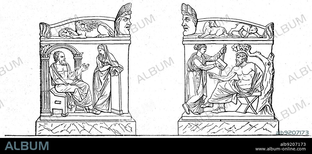 Socrates and Erato, Calliope and Homer - a sarcophagus that is stored in the Louvre, Paris - an illustration of the encyclopedia publishers Education, St. Petersburg, Russian Empire, 1896.
