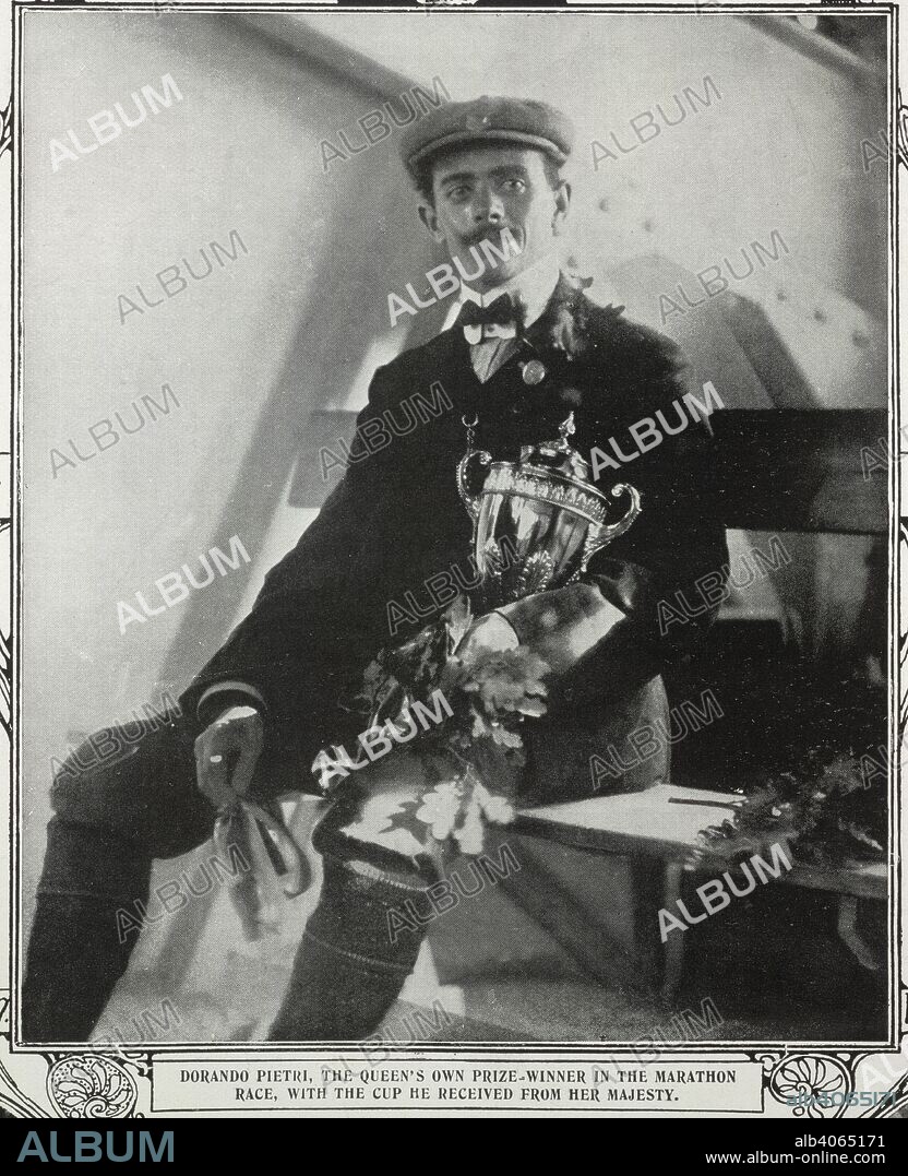 Dorando Pietri, the Queen's own prize winner in the marathon race, with the cup he received from her majesty. The 1908 Olympic Games. Illustrated London News Supplement. 01-Aug-08. Source: Illustrated London News Supplement.