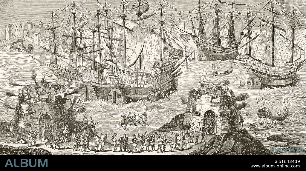 King Henry VIII of England embarking at Dover on way to meet King Francis I of France at The Field of the Cloth of Gold, June 1520. From The National and Domestic History of England by William Aubrey published London circa 1890.