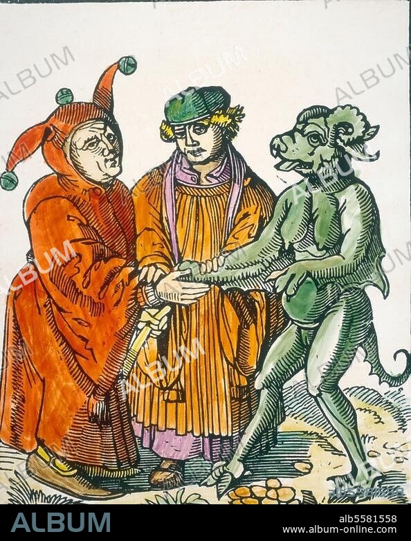 ANONYMOUS. Reformation and Peasants' War. The clergy man, the fool and the devil. Woodcut, coloured at later stage. From: Thomas Murner, Von dem großen Lutherischen Narren, Strasbourg 1522.