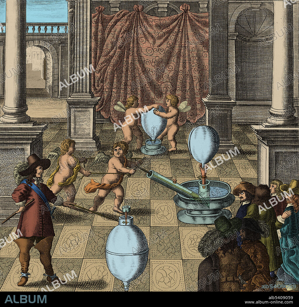 Color enhanced illustration of Otto von Guericke and his air pump. From "Mechanica-Hydraulico-pneumatica" by Gaspar Schott. Published, 1657. Otto von Guericke (1602-1686) was a German scientist, inventor, and politician. His major scientific achievements were the establishment of the physics of vacuums, the discovery of an experimental method for clearly demonstrating electrostatic repulsion, and his advocacy of the reality of action at a distance and of absolute space. Around 1650 von Guericke invented a vacuum pump consisting of a piston and an air gun cylinder with two-way flaps designed to pull air out of whatever vessel it was connected to. He used it to investigate the properties of the vacuum in many experiments.