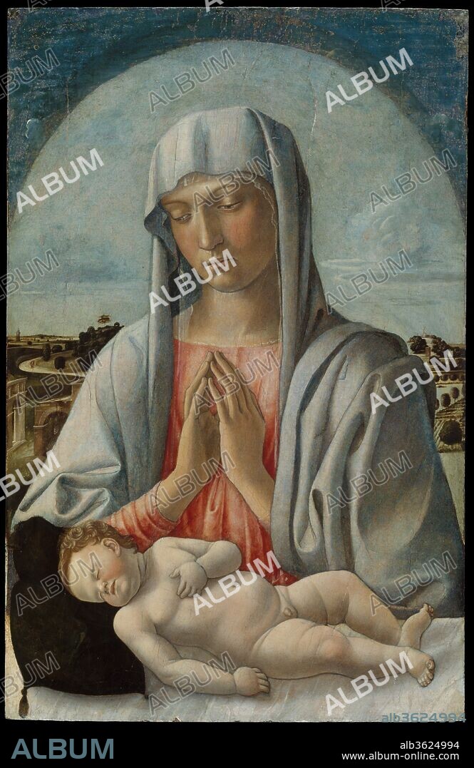 Madonna Adoring the Sleeping Child. Artist: Giovanni Bellini (Italian, Venice, active by 1459-died 1516 Venice). Dimensions: 28 1/2 x 18 1/4 in. (72.4 x 46.4 cm). Date: early 1460s.
This is an important early work by Giovanni Bellini, the greatest painter of fifteenth-century Venice and one of the key figures of European painting. Datable to the mid-1460s, its hard, linear quality is indebted to the example of Bellini's brother-in-law, Andrea Mantegna, as well as to the sculpture of Donatello, which Bellini studied in Padua. The sleeping child is a reminder of Christ's death and sacrifice. The picture has suffered from a strong, abrasive cleaning.