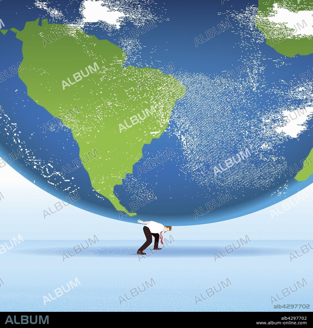 Businessman as Atlas carrying world on his shoulders.
