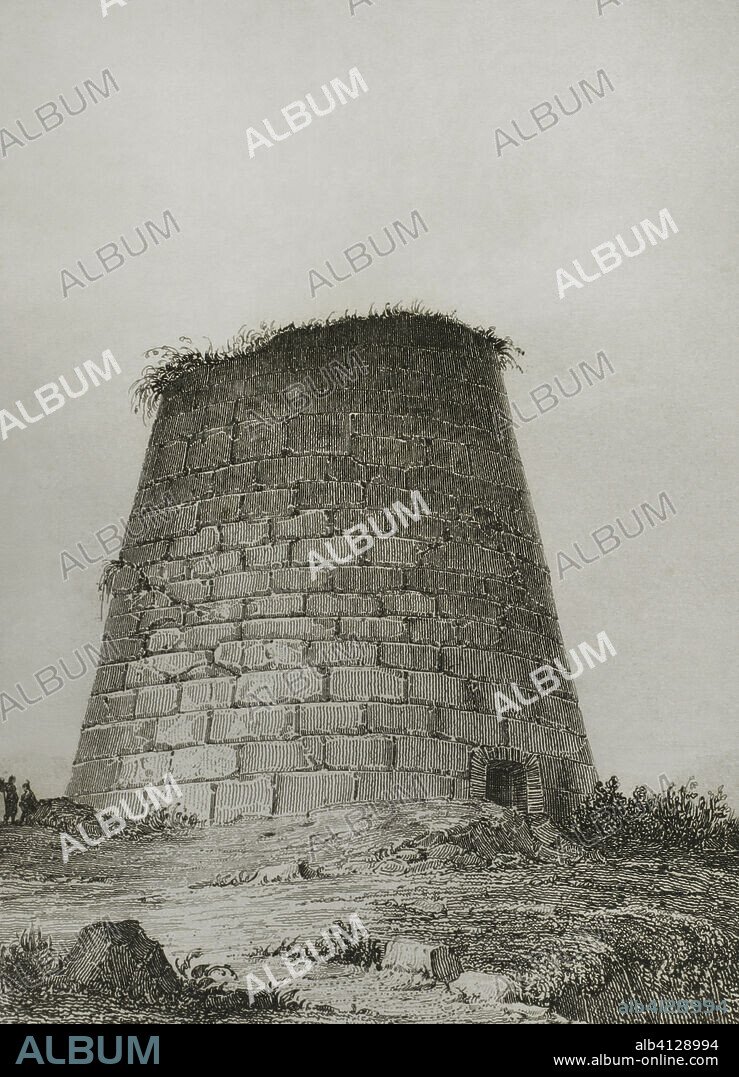 Cerdeña. Nuraga. Construcción megalítica. Dibujo por Vormser. Grabado por A. Kinnewel. Lemaitre direxit. Historia de Malta y el Gozo, por Frédéric Lacroix. Panorama Universal, edición española de 1850.