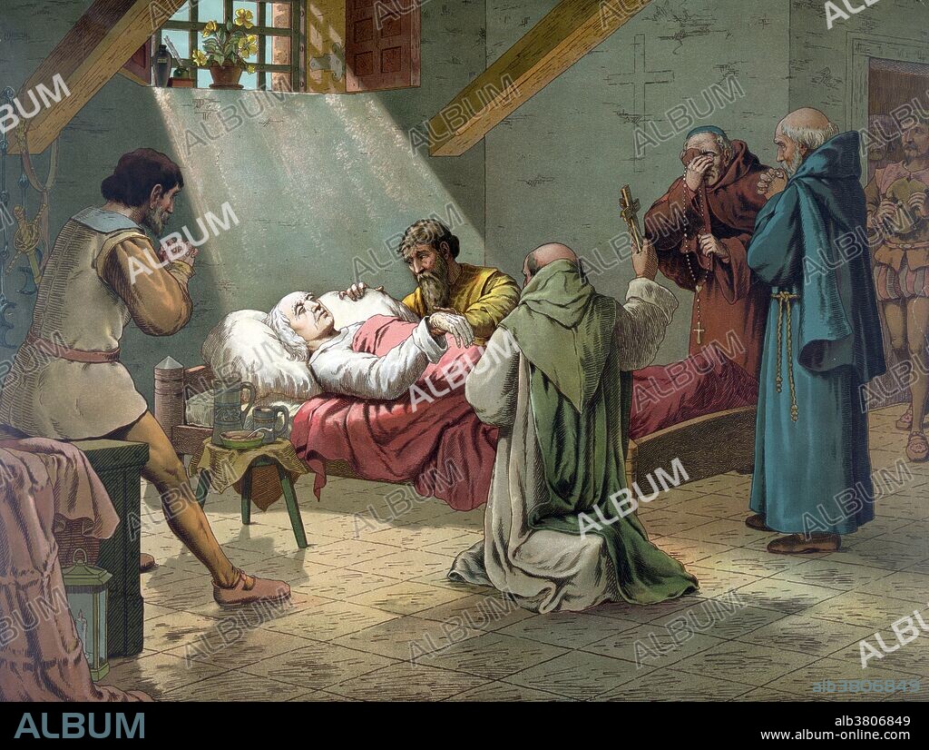 Entitled: "Death of Columbus" showing Columbus on his death bed, May 20, 1506. Christopher Columbus (October 30 or 31, 1451 - May 20, 1506) was an Italian explorer, colonizer, and navigator. He completed four voyages across the Atlantic Ocean that led to European awareness of the American continents. During his first voyage in 1492, instead of reaching Japan, he landed in the Bahamas archipelago, which he named San Salvador. Over the course of three more voyages, he visited the Greater and Lesser Antilles, the Caribbean coast of Colombia and Venezuela, claiming them for the Spanish Empire. His efforts to establish permanent settlements in the island of Hispaniola, started Spanish colonization, which foreshadowed the general European colonization of the "New World". Though Columbus was not the first European explorer to reach the Americas, his voyages led to the first lasting European contact with the Americas, inaugurating a period of European exploration, conquest, and colonization that lasted for several centuries. Chromolithograph by L. Prang & Company, 1893.