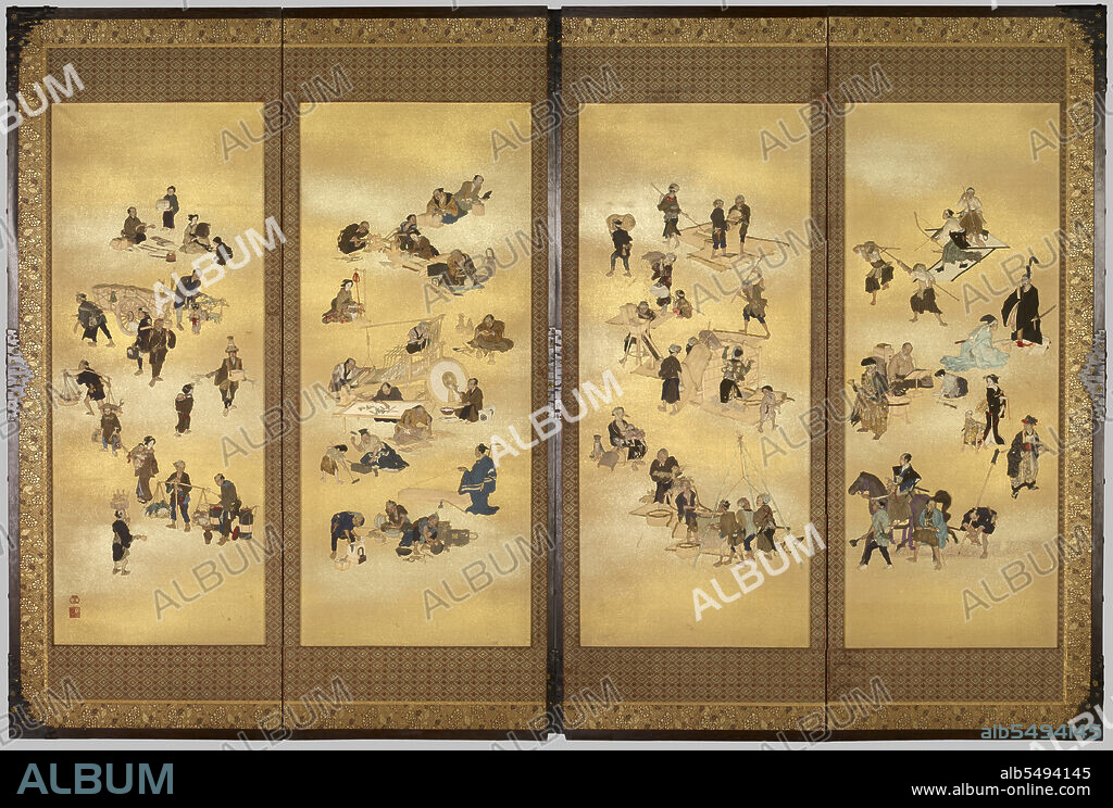 SEPPO. Screen depicting the four classes of Edo Japan, c. 1893 ; Meiji Period (1868 - 1912). Dimensions: open 182.4 x 276 x 3.2 cm max. (height x width x depth) ; closed 182.4 x 69.1 x 12.8 cm (height x width x depth) ; each panel 136.1 x 53.5 cm (height x width).