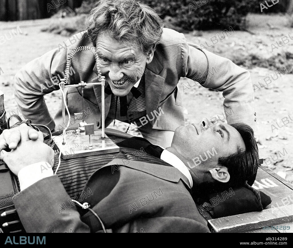 BURGESS MEREDITH and ROBERT CONRAD in THE WILD WILD WEST, 1965, directed by MICHAEL GARRISON. Copyright CBS-TV.