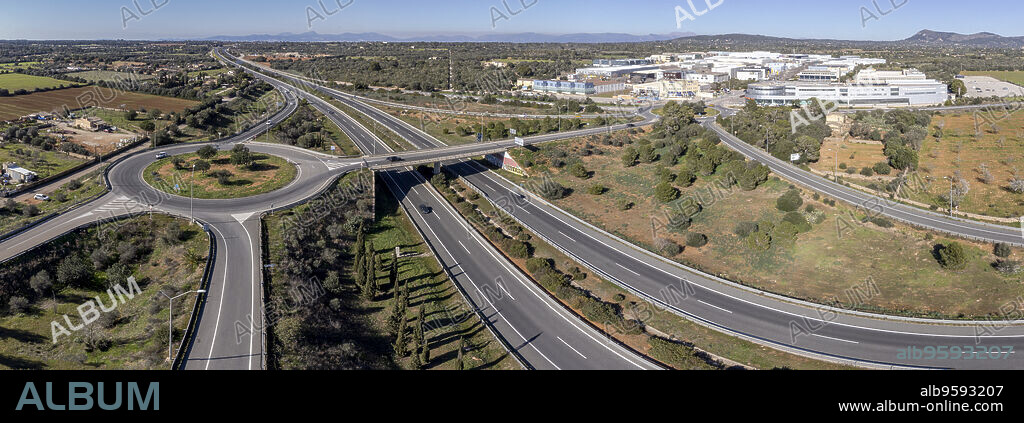 Ma-19 motorway and Son Noguera industrial estate roundabout, Llucmajor, Mallorca, Balearic Islands, Spain.
