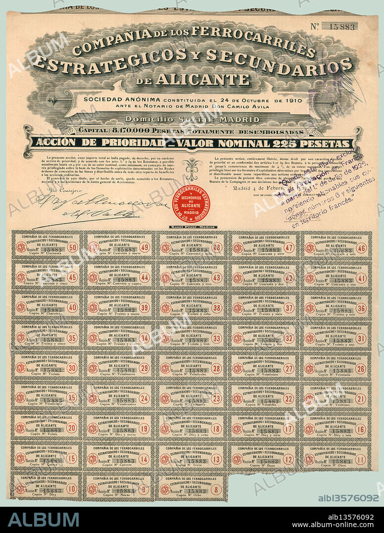 Acción de doscientas veinticinco pesetas de la Compañía de FFCC Estratégicos y Secundarios de Alicante S.A. Madrid, año 1920.